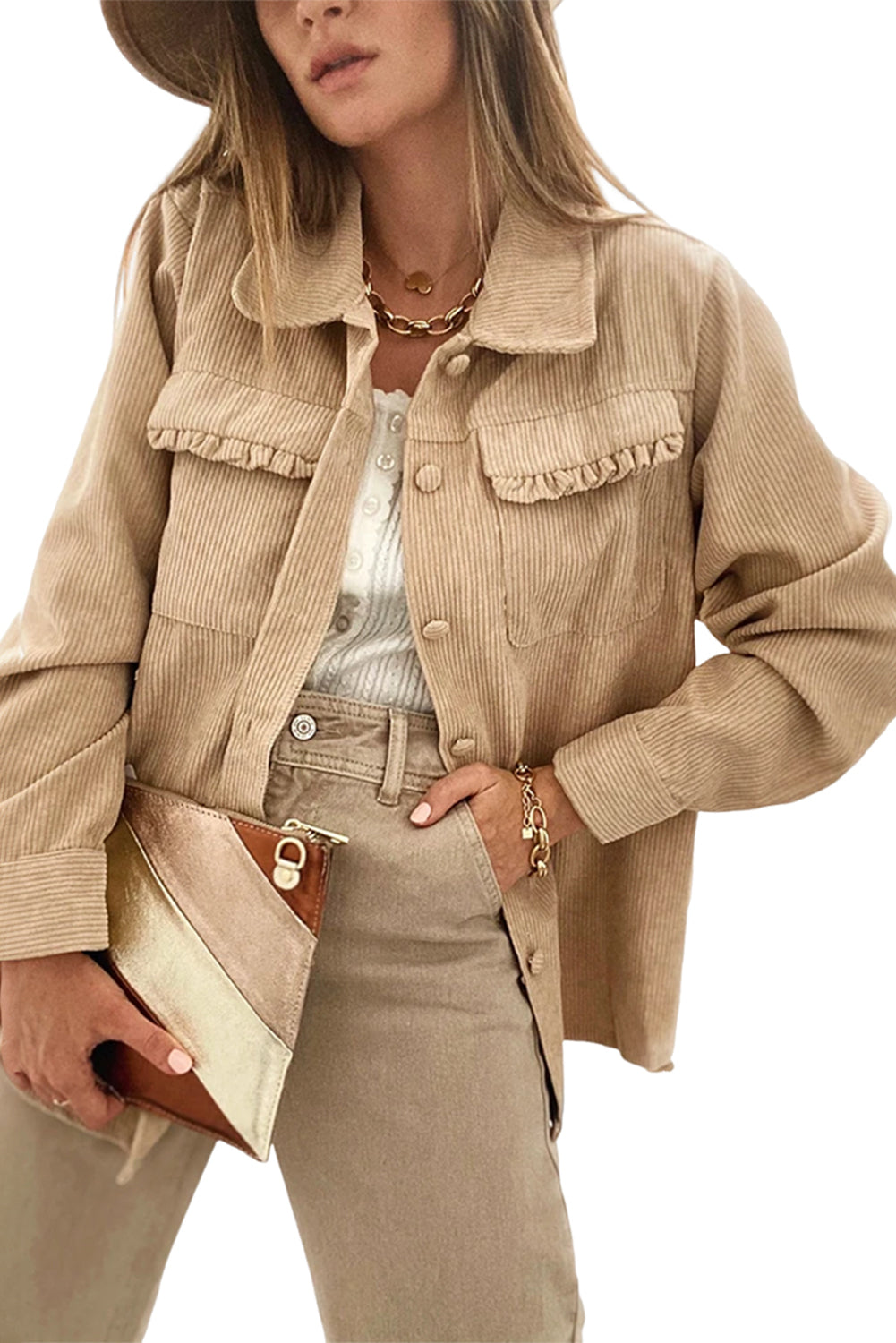 Light French Beige Solid Frilled Flap Pocket Button Up Corduroy Shacket Beagle Boutique Fashion Outlet