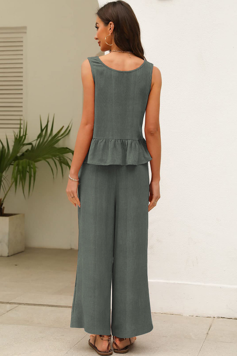 Duffel Green Solid Colour Ribbed Ruffle Tank Top and Trousers Set eAura
