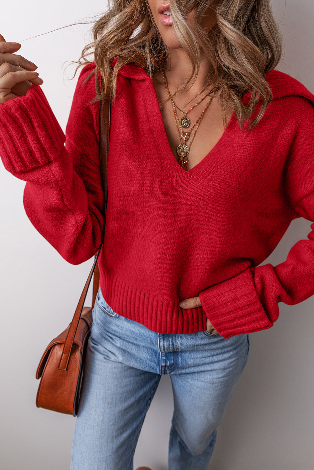 Collared V-Neck Ribbed Edge Sweater - eAura