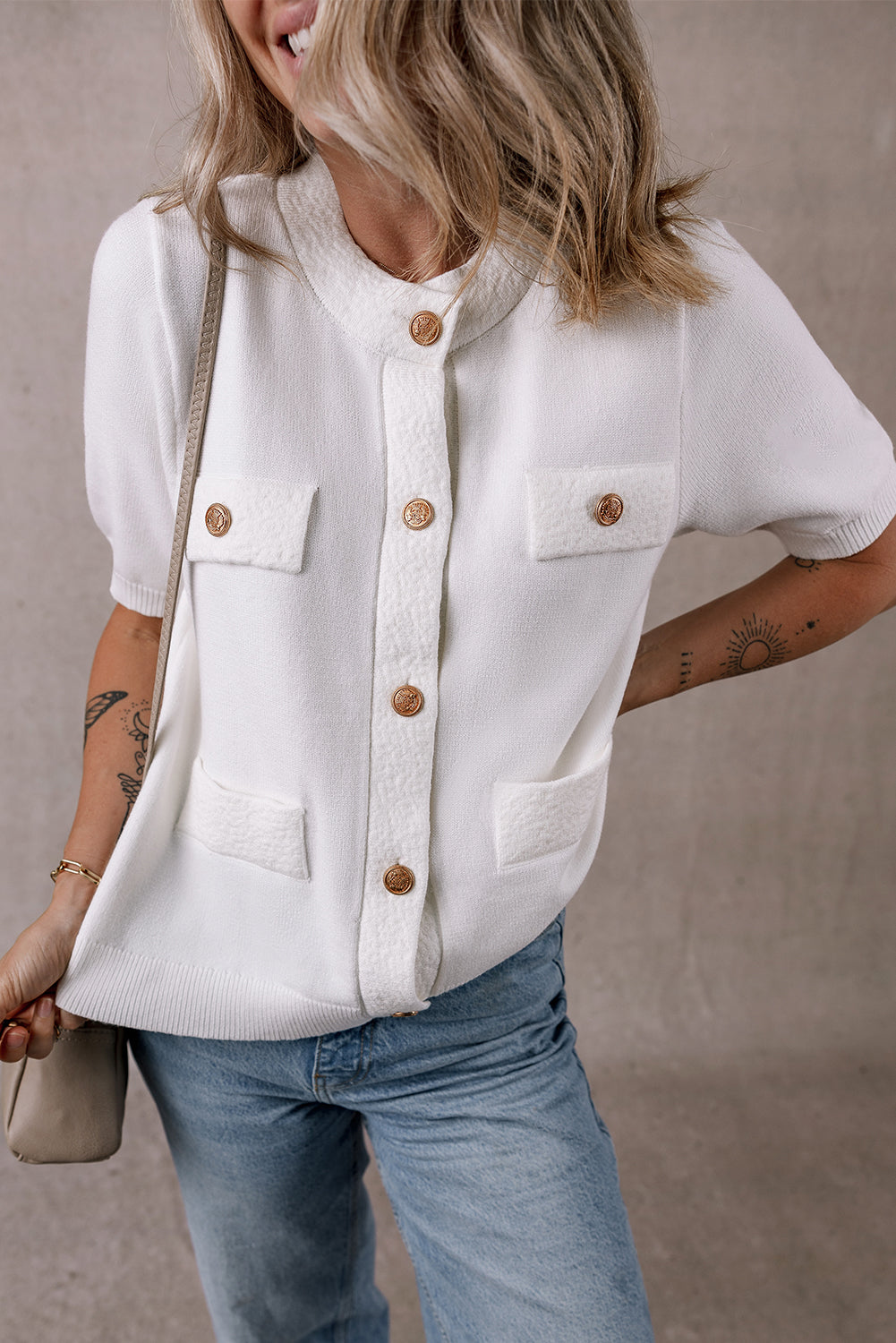 White Gold Buttons Textured Sweater T Shirt eAura