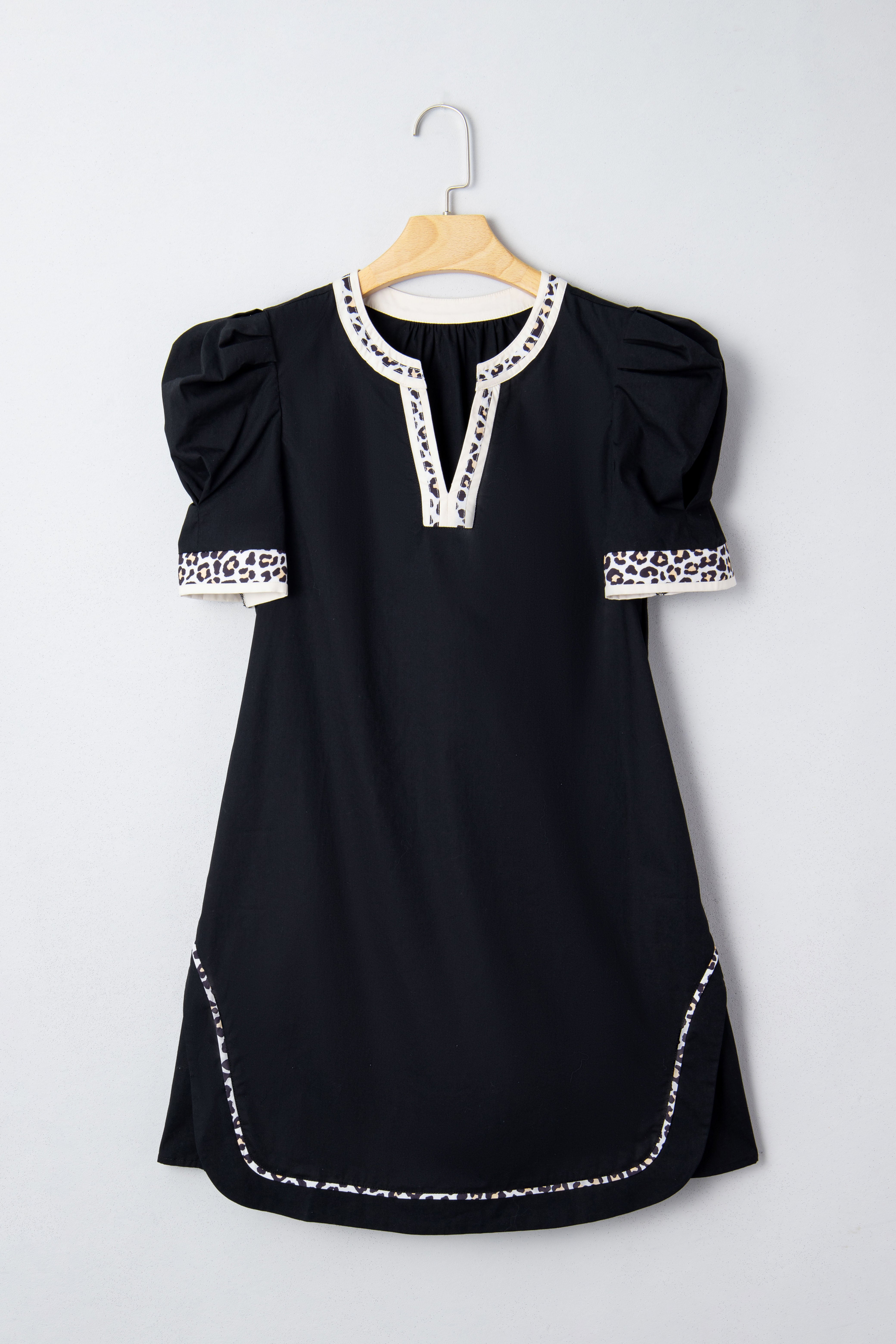 Leopard Trim Notched Neck Short Puff Sleeve Shift Mini Dress