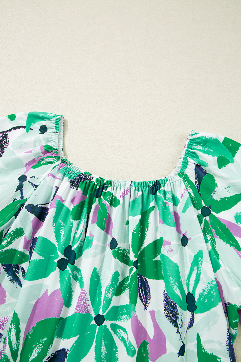 Green Floral Print Shirred Square Neck Loose Fit Mini Dress eAura