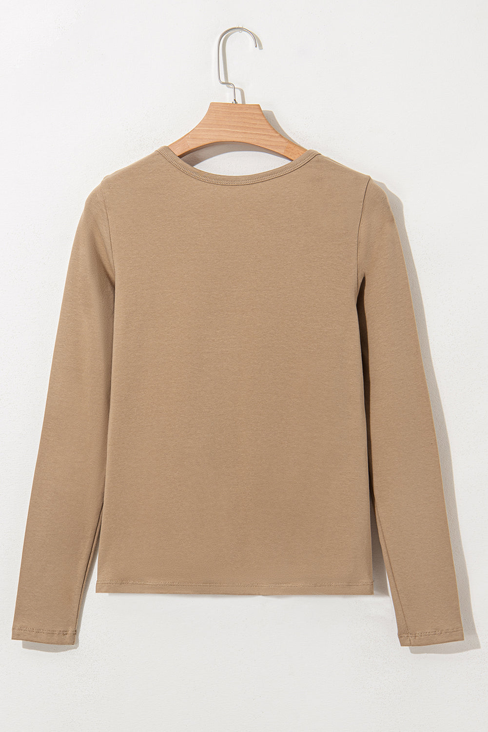 Pale Khaki Long Sleeve Buttons V Neck Slim Fit Top eAura