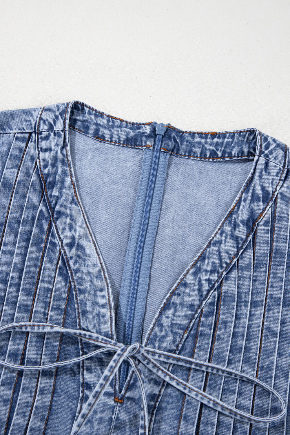 Beau Blue Tie V-Neck Tucking Detail Short Sleeve Denim Shift Dress - eAura