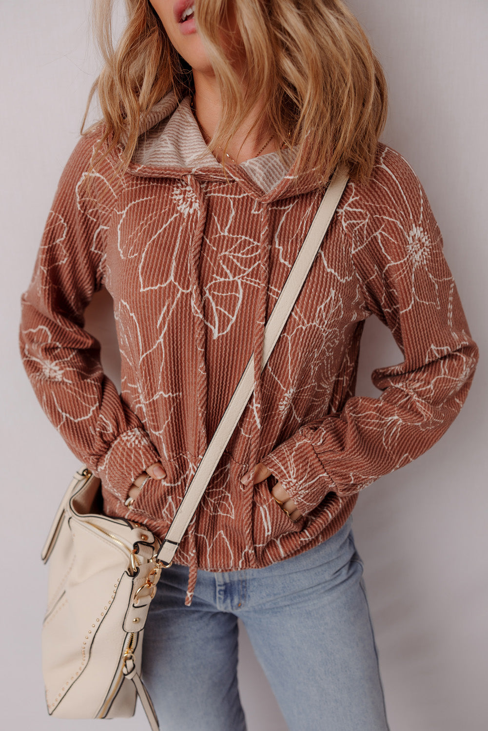 Brown Floral Rib Drawstring Kangaroo Pocket Hoodie - eAura