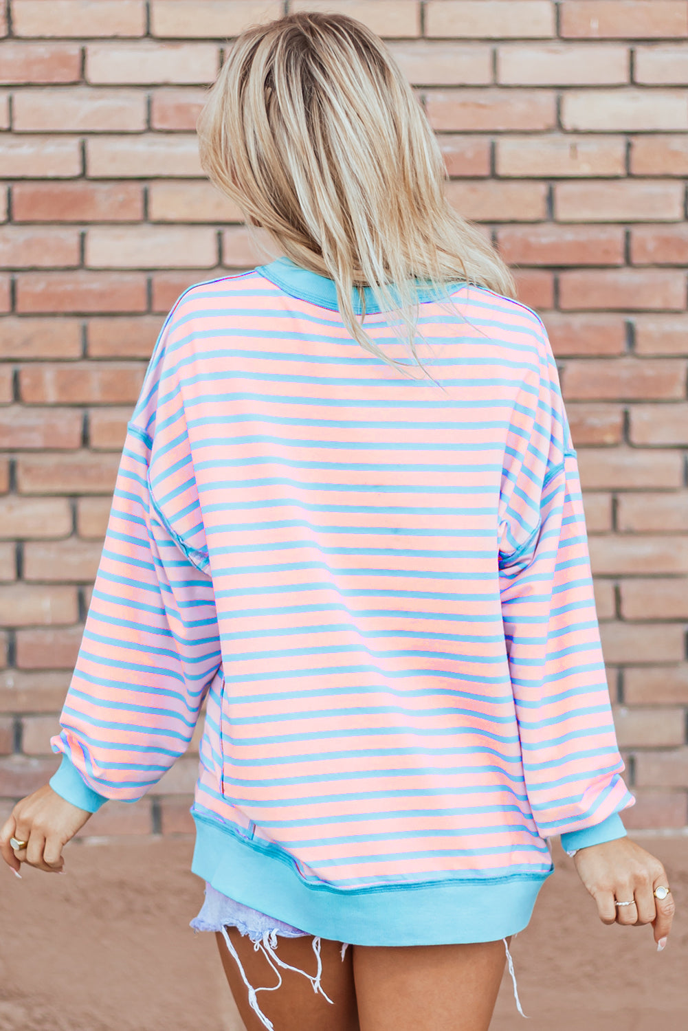 Pink Stripe Contrast Trim High Low Pullover Tunic Sweatshirt eAura