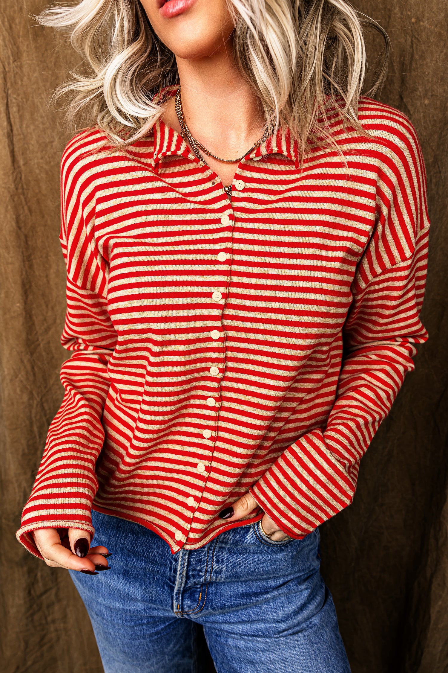 Striped Button Collar Long Sleeve Knit Cardigan – Red Stripe