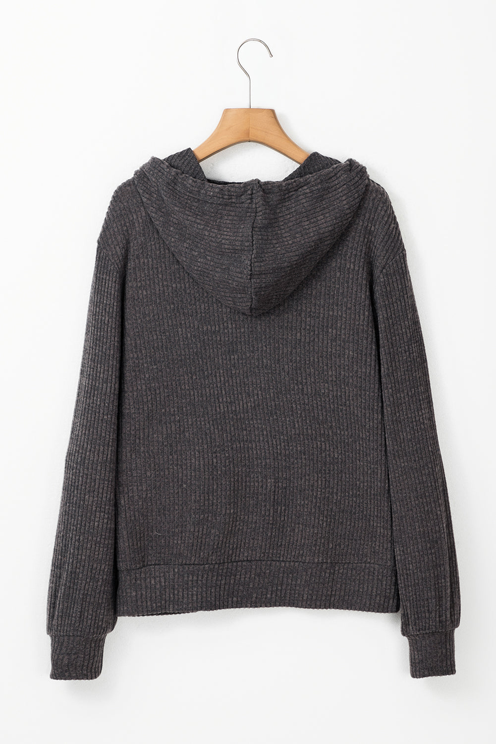 Dark Grey Ribbed Zip Up Front Drawstring Hoodie Beagle Boutique Fashion Outlet