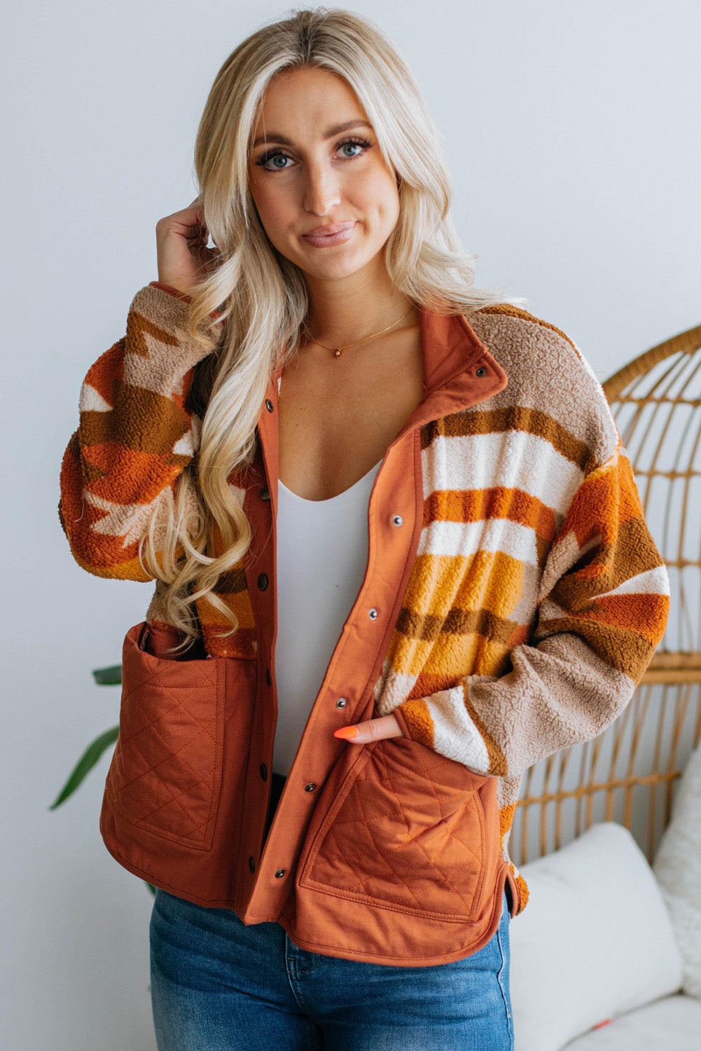 Brown Quilted Patch Pockets Aztec Furry Jacket BB Fashion Outlet