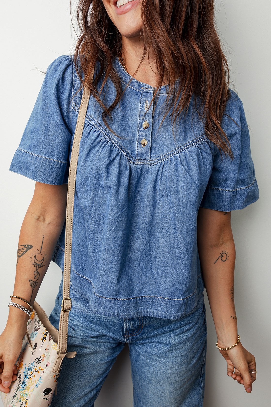 Seam Pleated Detail Half Button Short Sleeve Denim Blouse - Blue / L - Tops/Blouses & Shirts