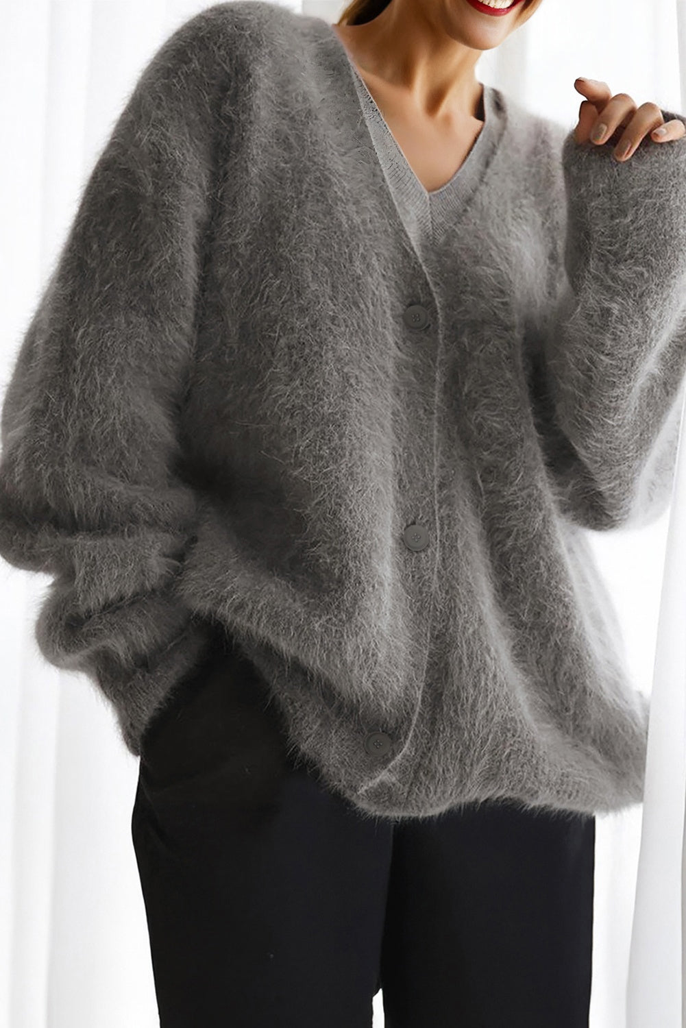 Grey Button Down Fuzzy Knit Cardigan - eAura