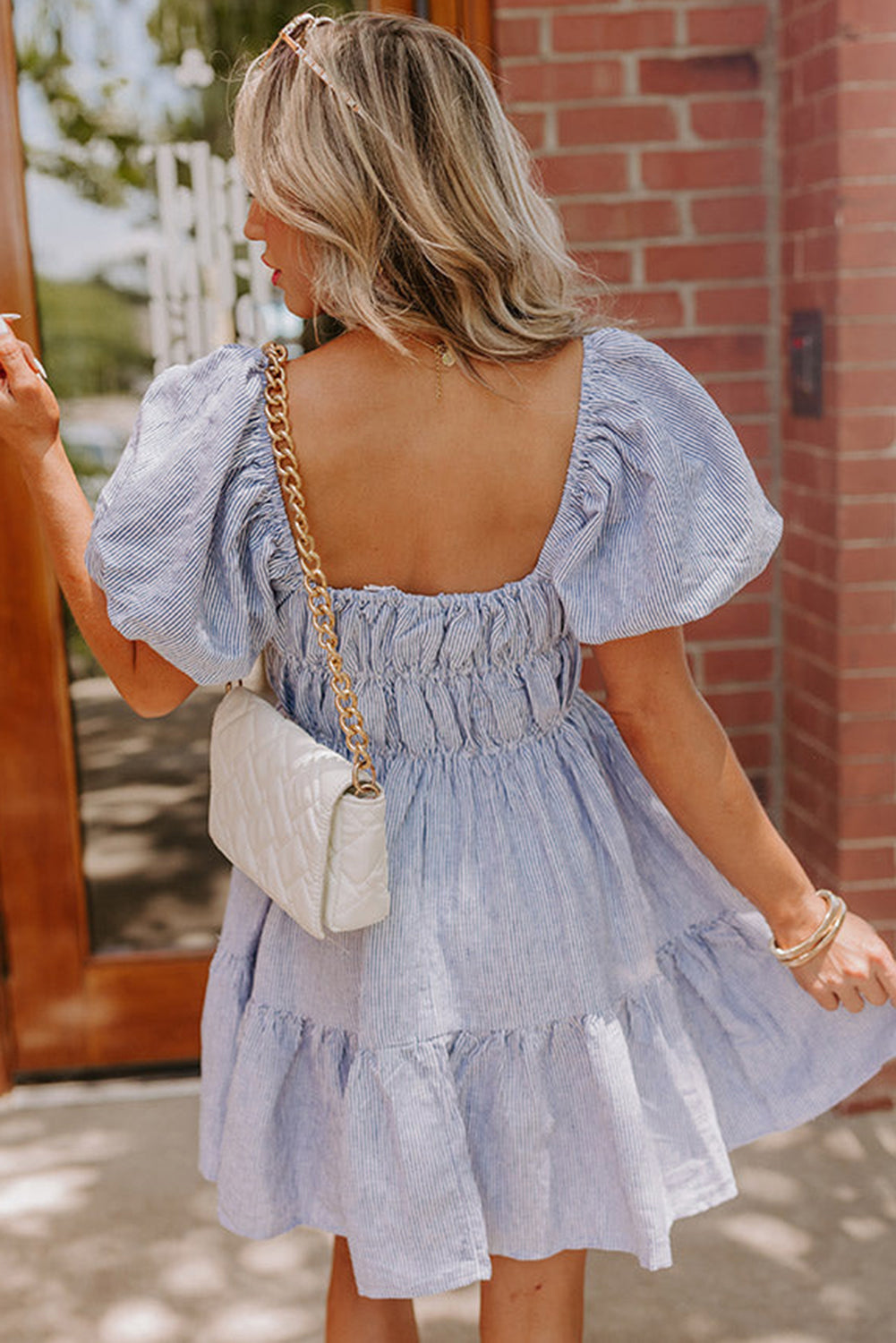 Sky Blue Stripe Bubble Sleeve Square Neck Ruched Pocketed Babydoll Dress eAura