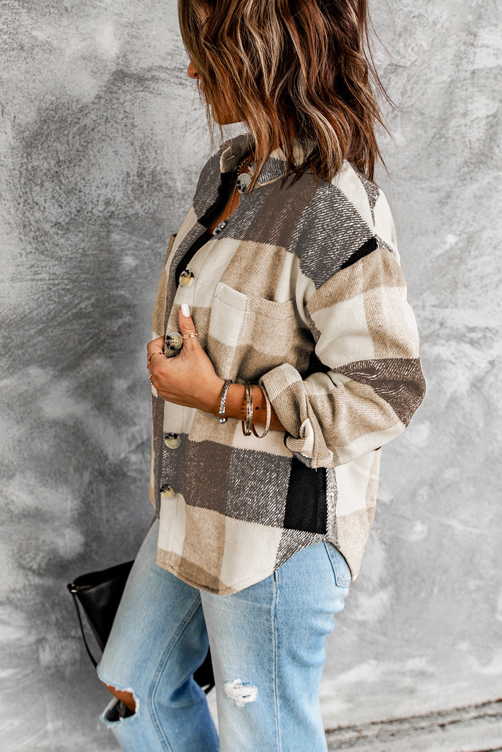 Khaki Plaid Colour Block Buttoned Long Sleeve Jacket with Pocket Beagle Boutique Fashion Outlet