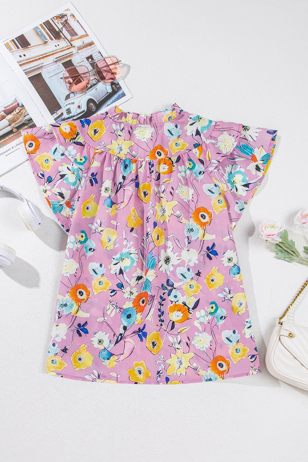 Pink Flutter Sleeve V Neck Floral Top eAura