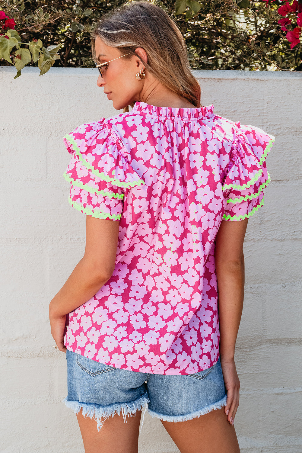 Black Floral Contrast Ric Rac Layered Ruffle Sleeve Blouse eAura
