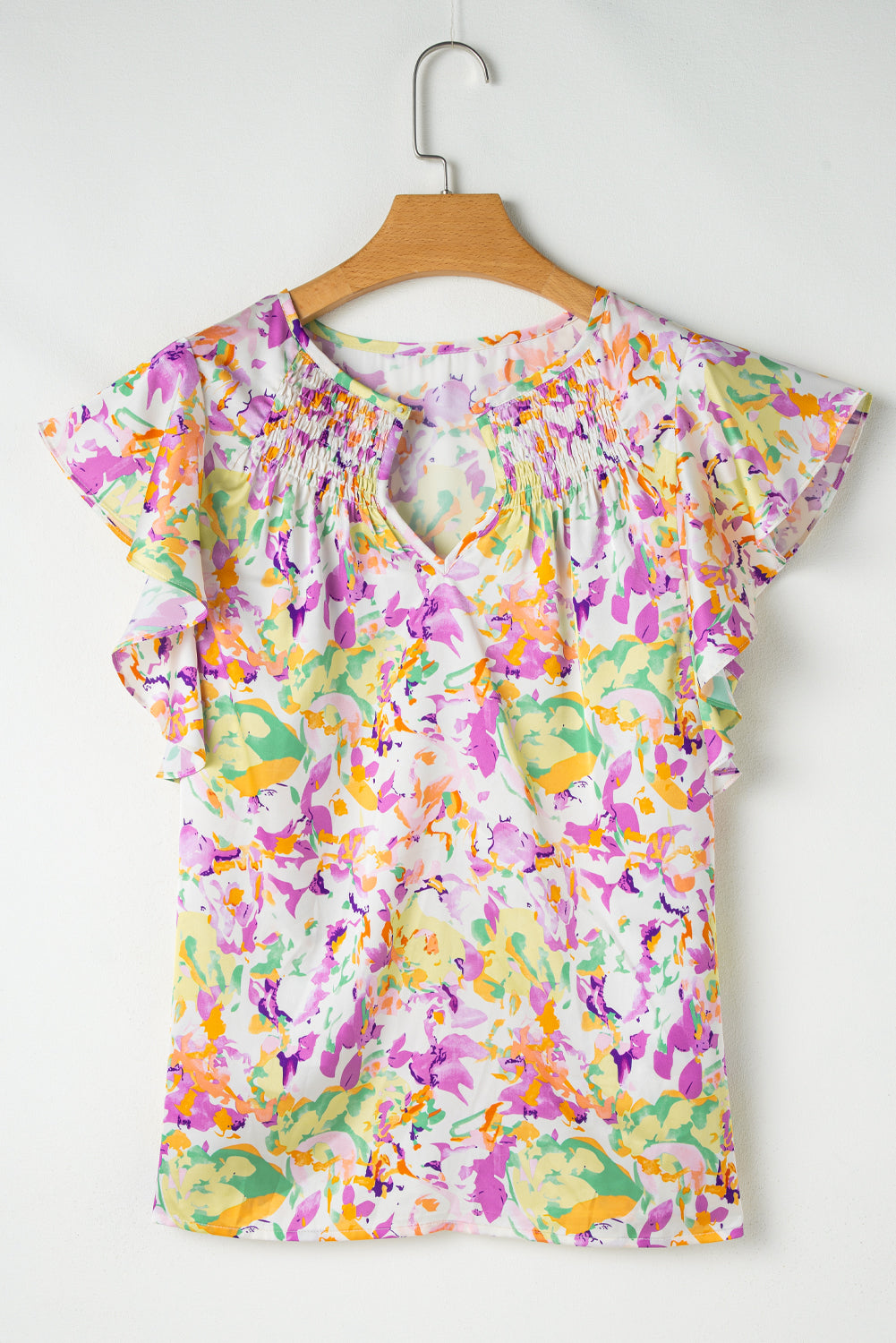 Purple Abstract Printed Ruffled Short Sleeve Notched Neck Blouse eAura