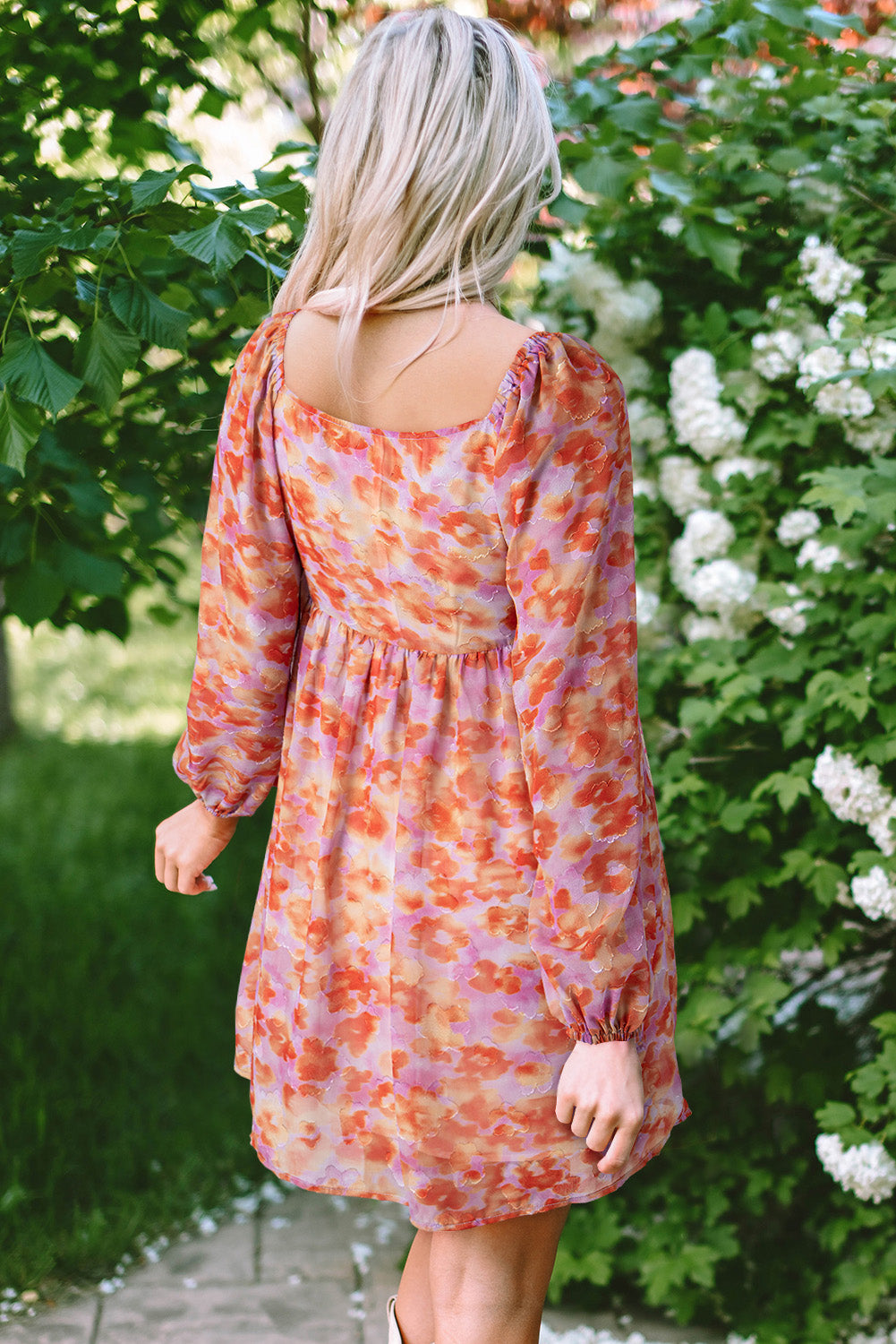 Rose Floral Print Square Neck High Waist Mini Dress eAura