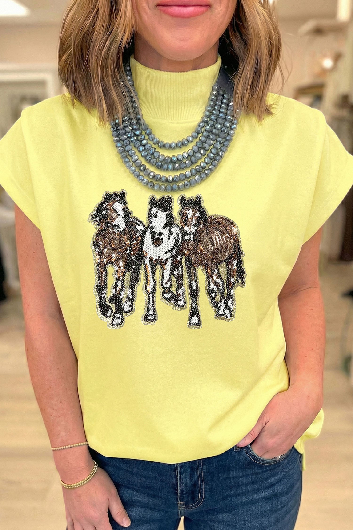 High Neck Sequin Horse Cap Sleeve Tunic Top – Yellow