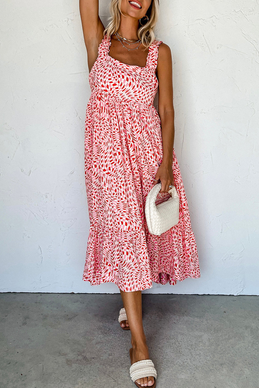 Pink Geometric Print Knot Back Sleeveless Ruffle Hem Dress eAura