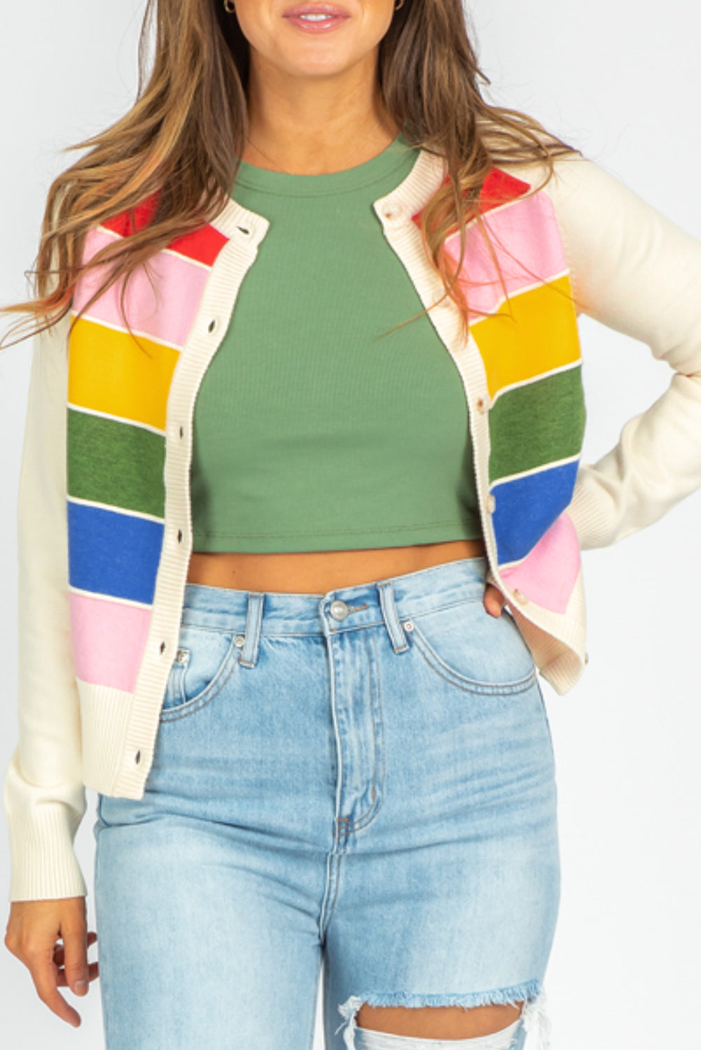 White Stripe Colourful Pattern Button Front Sweater Cardigan eAura