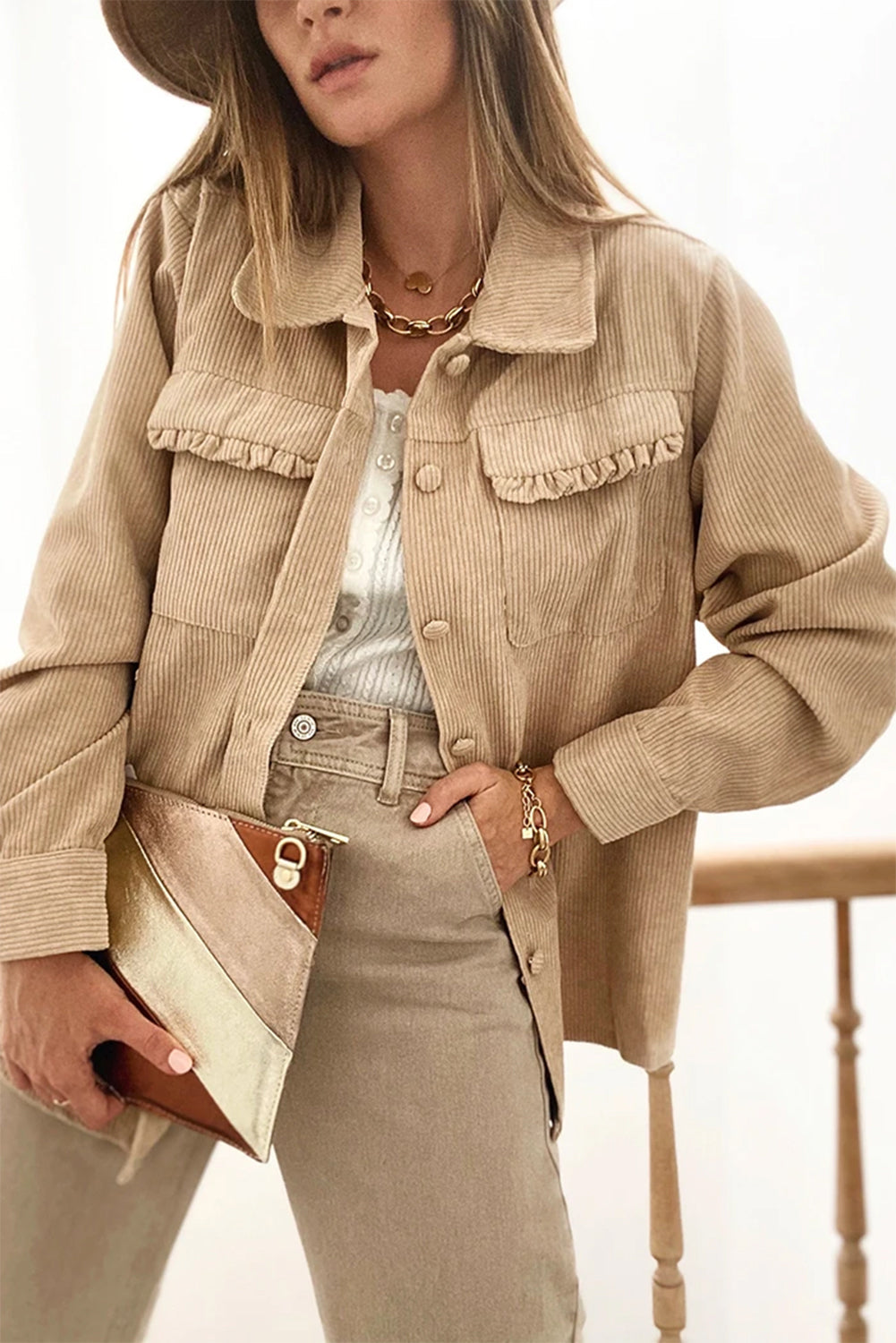 Light French Beige Solid Frilled Flap Pocket Button Up Corduroy Shacket Beagle Boutique Fashion Outlet