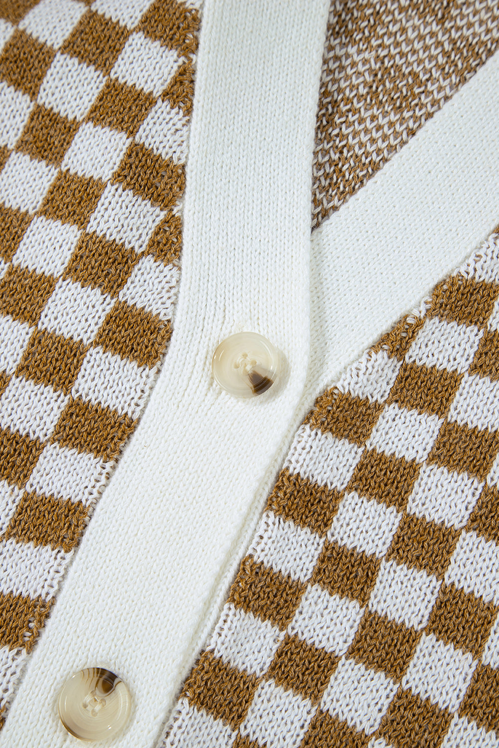 Brown Checkered Striped Patched Buttoned V Neck Cardigan eAura