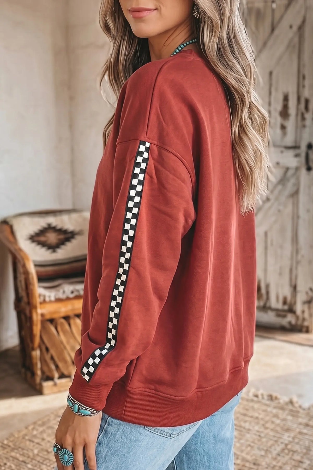 Shift Sweatshirt Checkered Trim Long Sleeve Round Neck
