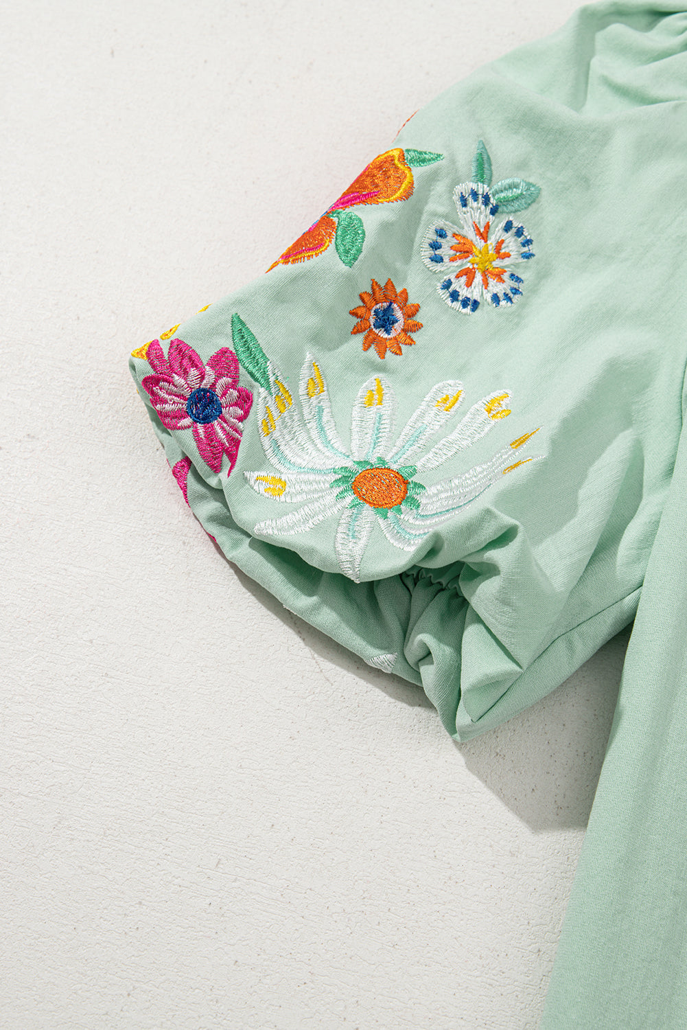 Floral Embroidered Puff Sleeve Split Neck Blouse eAura