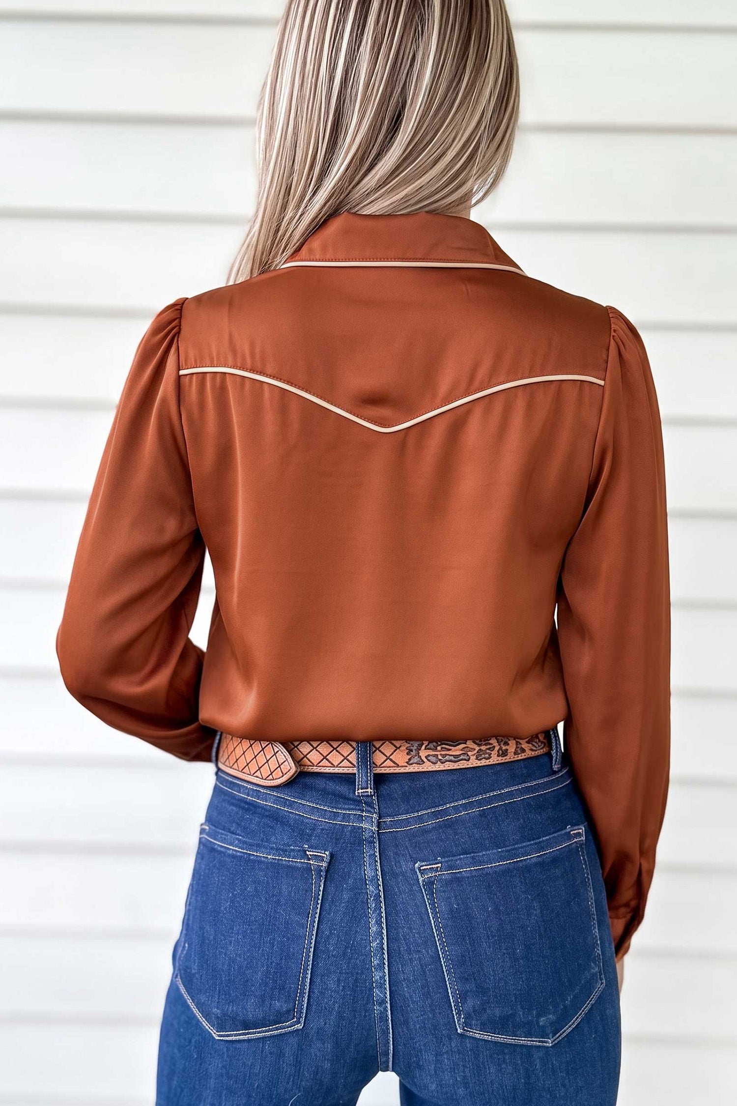 Silky Long Sleeve Button Front Western Fashion Shirt – Cinnamon