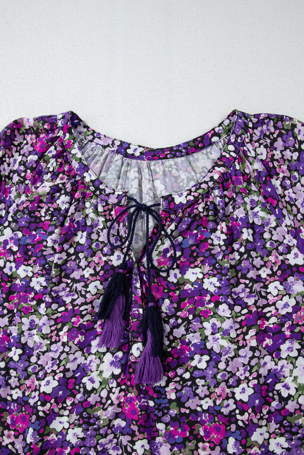 Purple Boho Flower Split V Neck Bubble Sleeve Blouse eAura