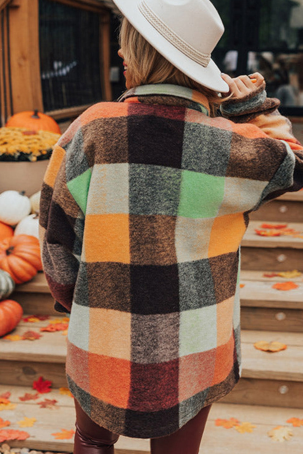Orange Plaid Print Flap Pocket Long Jacket eAura