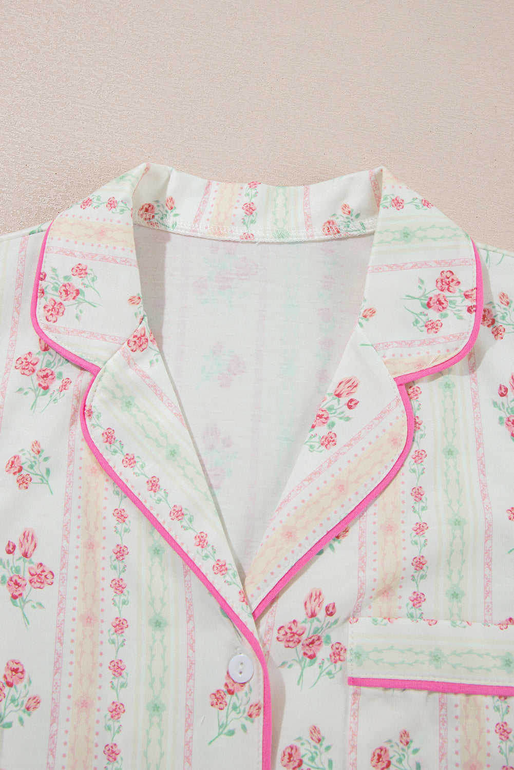 Beige Floral Print Contrast Pipping Short Pyjamas Set eAura