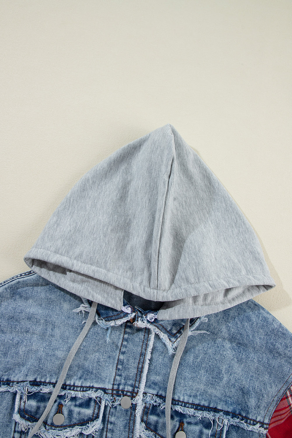 Beau Blue Plaid Print Patchwork Hooded Raw Hem Denim Jacket Beagle Boutique Fashion Outlet