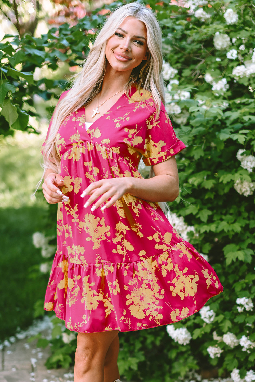 Rose Floral Print Batwing Sleeve Smock Dress eAura