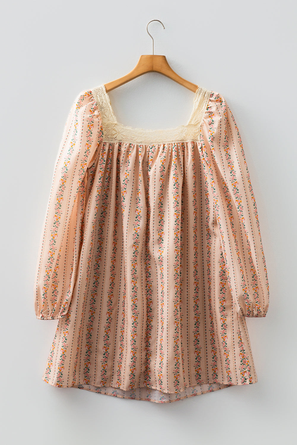 Floral Print Contrast Velvet Bow Lace Patchwork Long Sleeve Loose Mini Dress - eAura