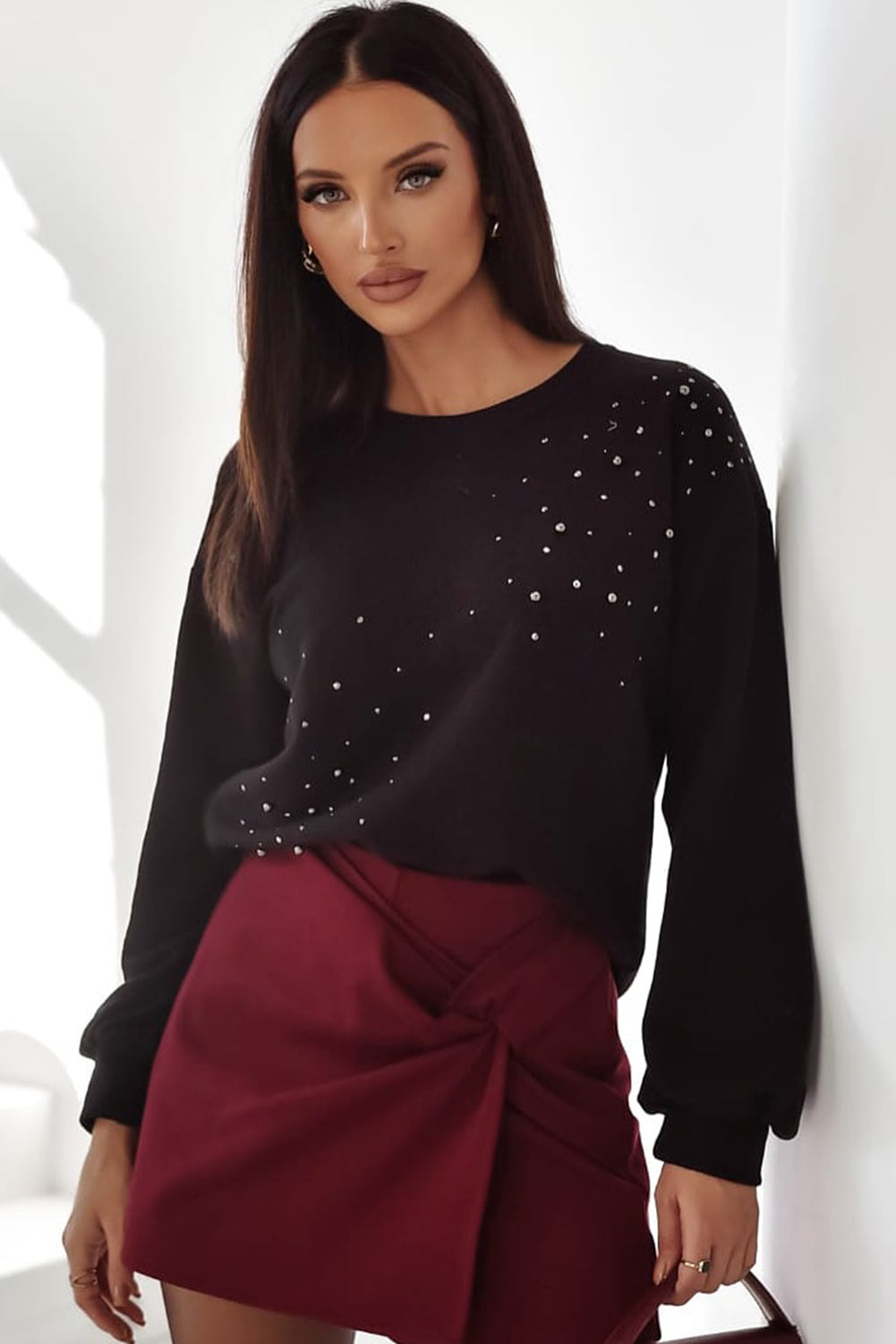 Black Rhinestone Embellished Drop Shoulder Ribbed Cuffs Wholesale Sweatshirt - eAura