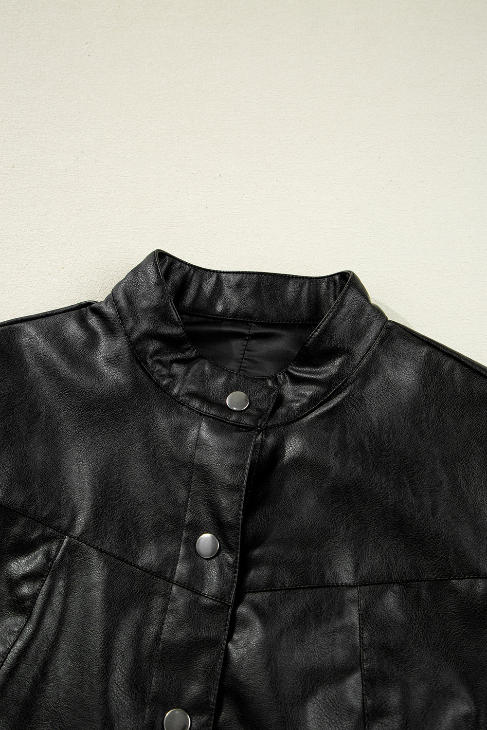 Black Faux Leather Buttoned Front Boxy Jacket eAura