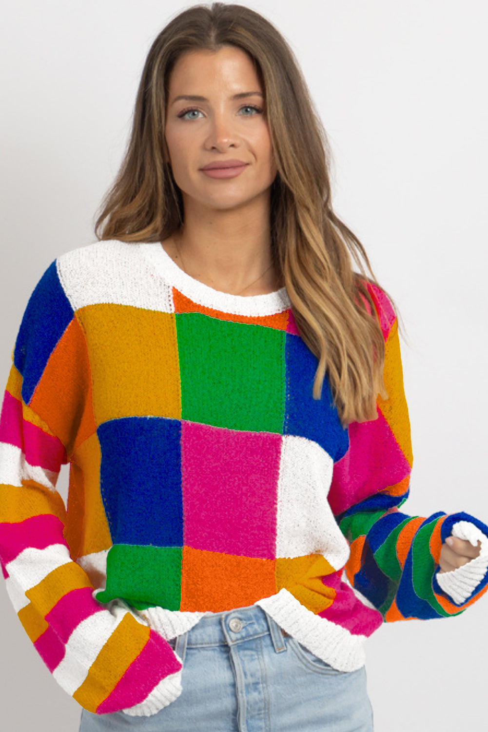Orange Checkered Colour Block Round Neck Loose Sweater eAura