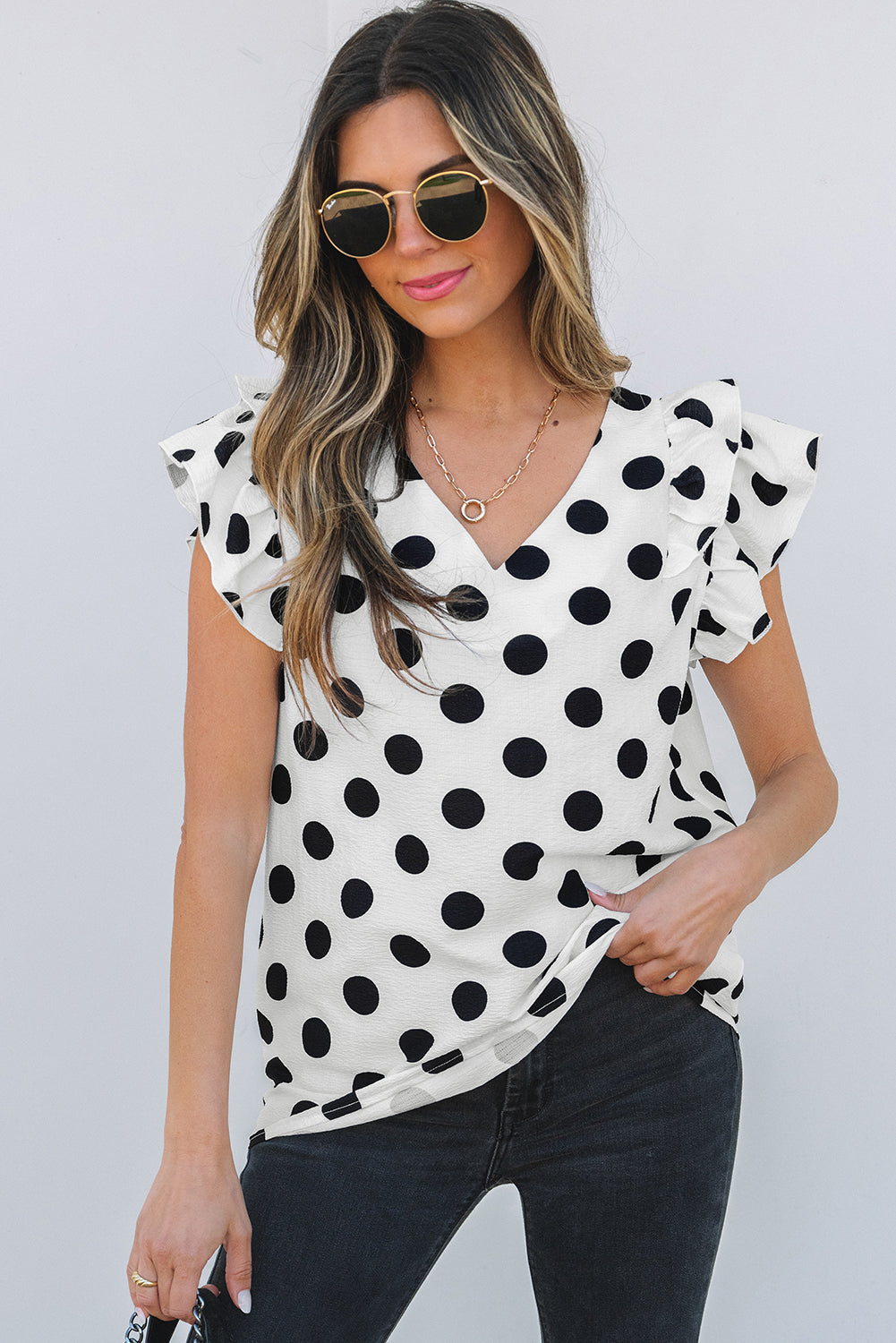 White Polka Dot Print Ruffled Sleeve V Neck Blouse eAura