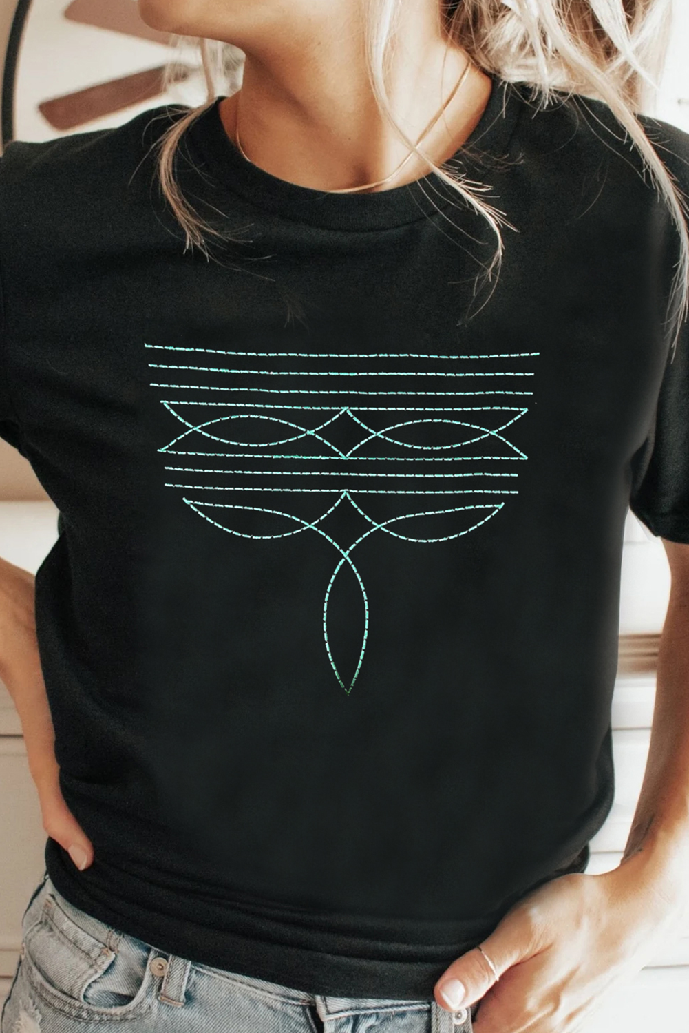 Black Western Fashion Geometric Embroidered T Shirt eAura