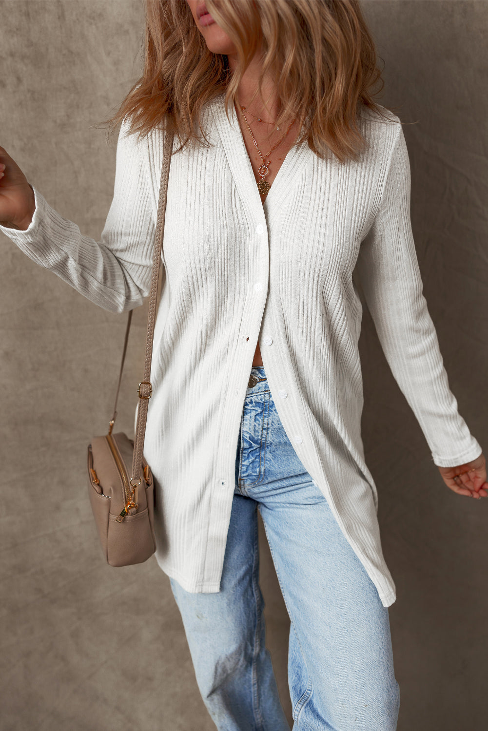 White Solid Colour Ribbed Button up Tunic Cardigan eAura