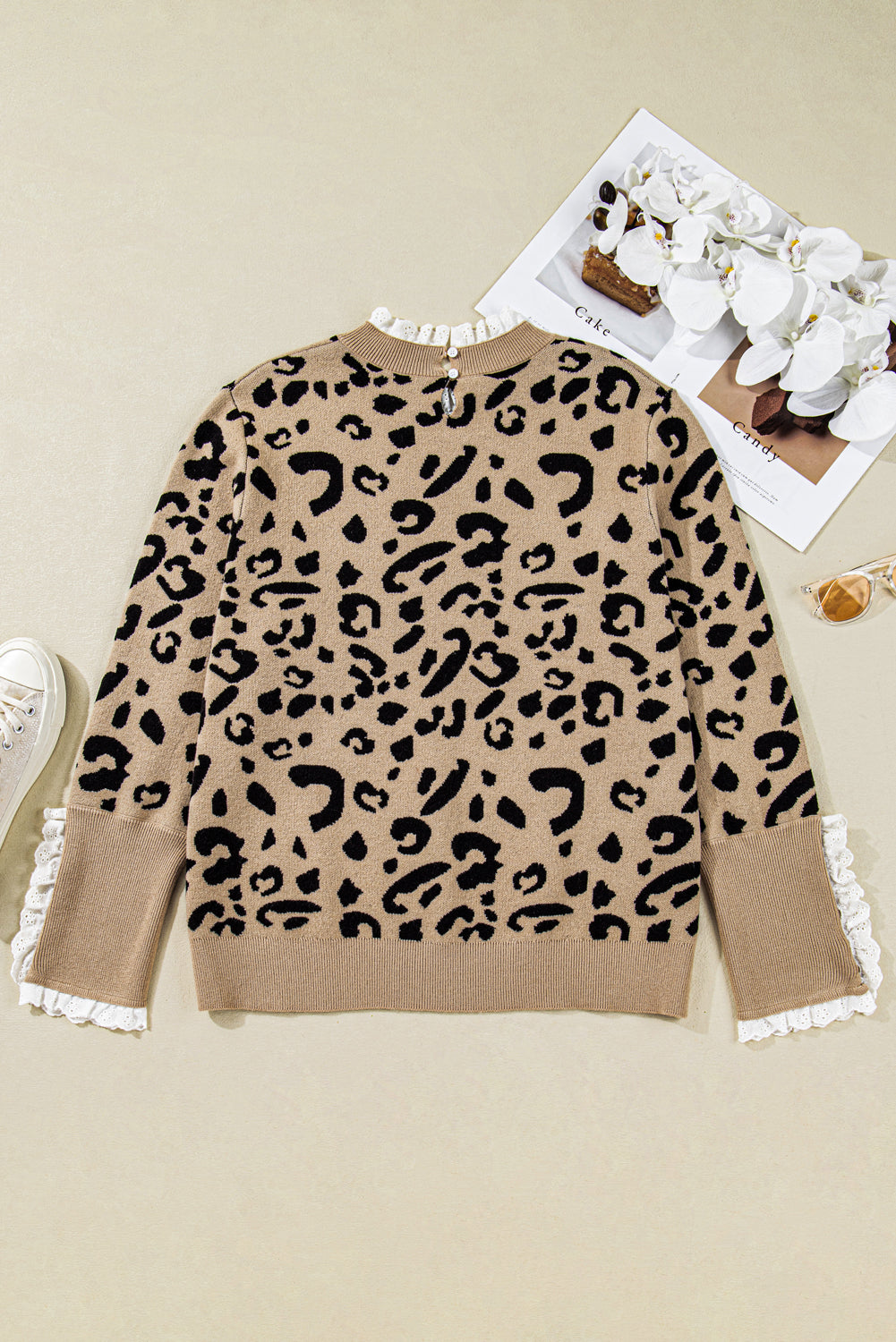 Brown Leopard Knit Lacy Trim Cuffed Plus Size Sweater - eAura