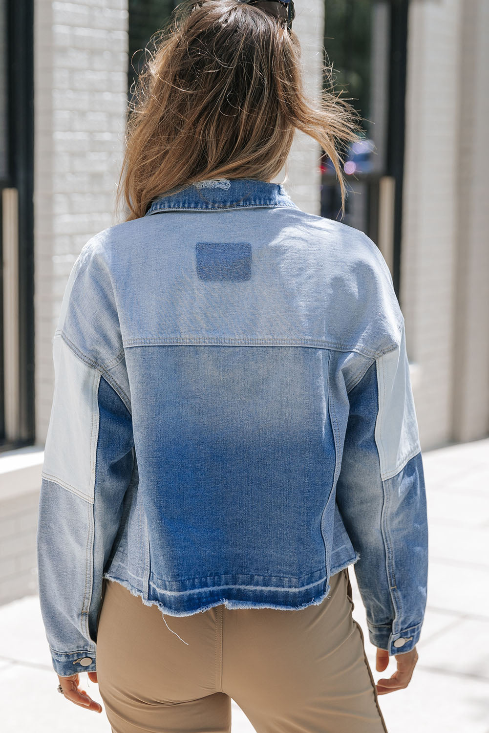 Sky Blue Colour Block Denim Patchwork Frayed Hem Jacket Beagle Boutique Fashion Outlet