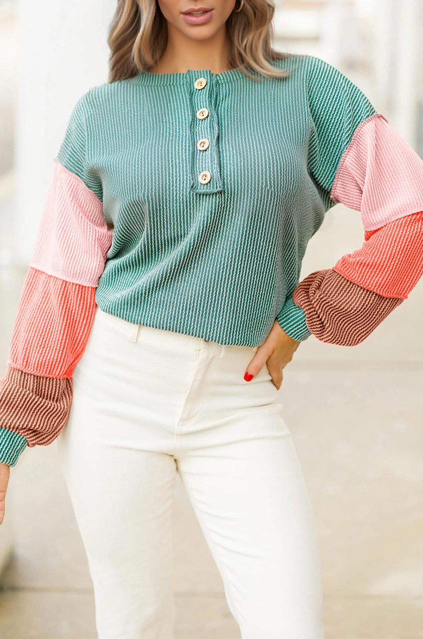 Multicolour Twisted Ribbed Knit Colorblock Henley Top - eAura