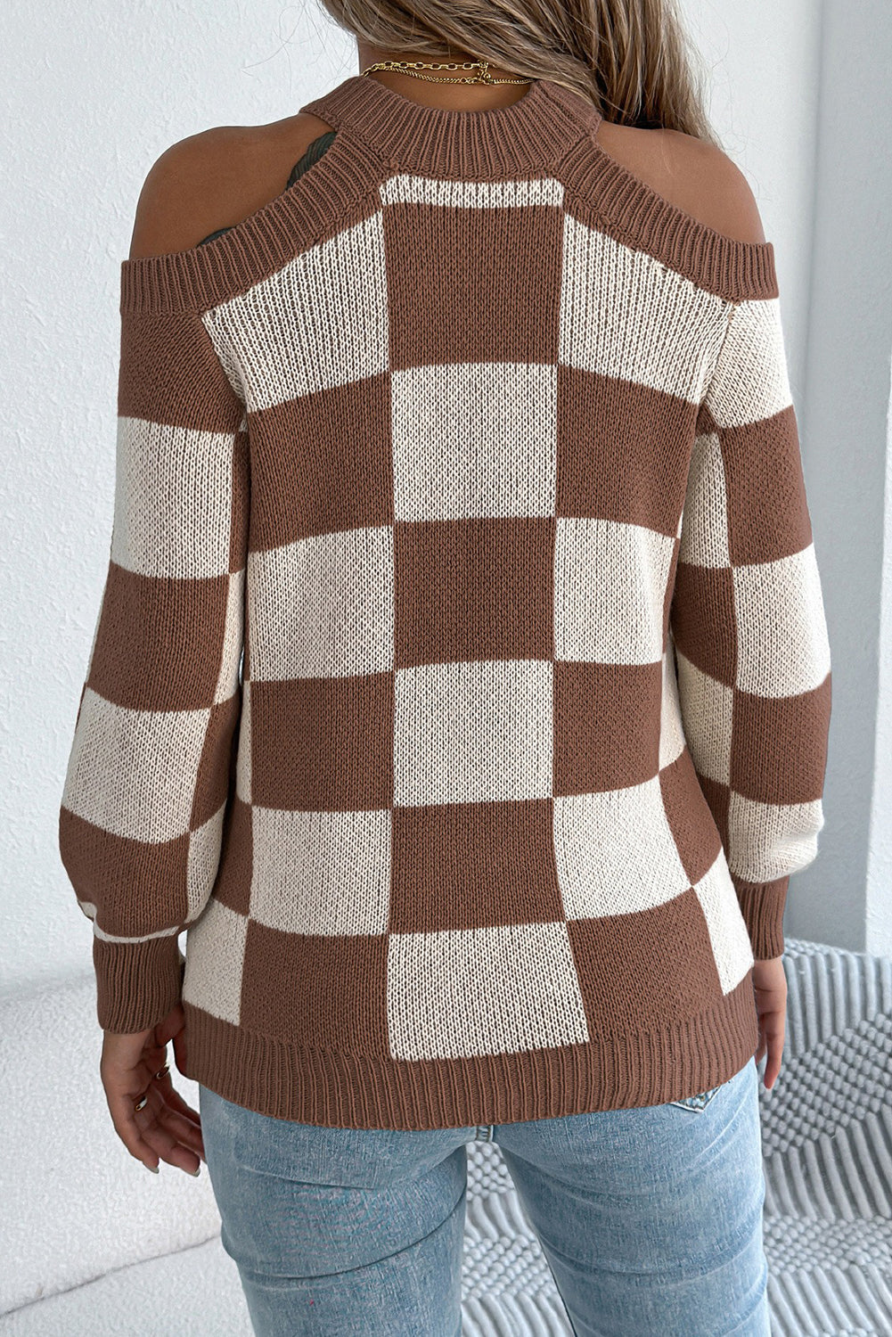 Coffee Off the Shoulder Checkered Sweater - eAura