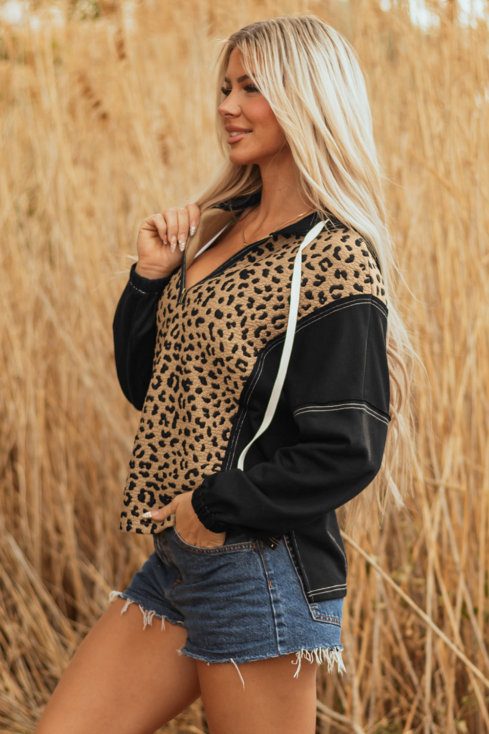 Leopard Patchwork Contrast Stitching Knotted Cuff Quarter Zip Hoodie - eAura