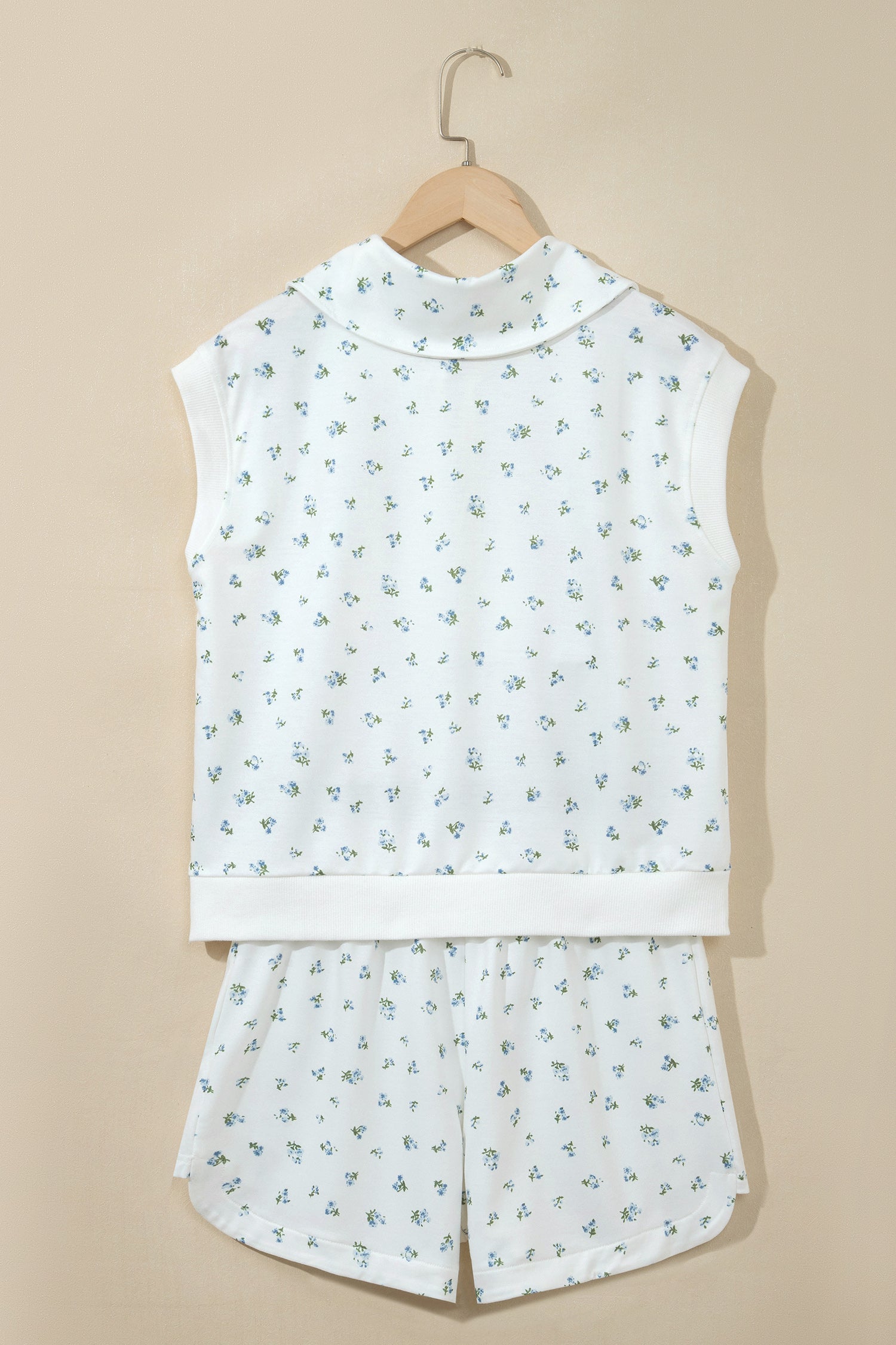Floral Print Half Zip Top Matching Short Set – White
