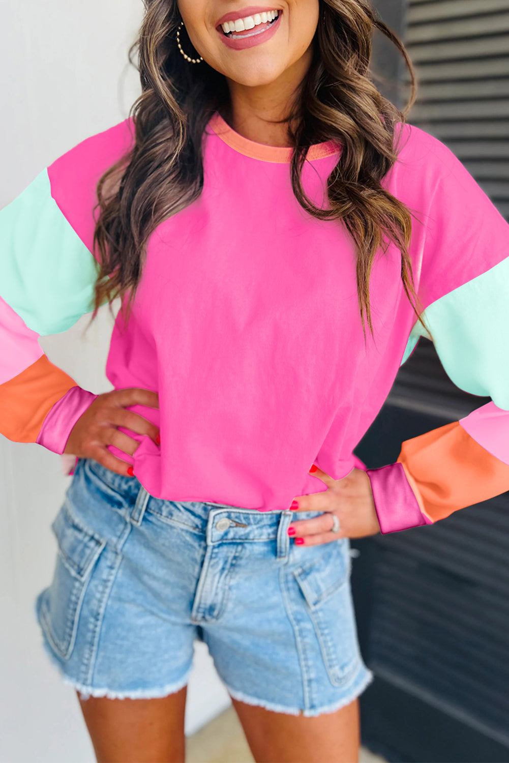 Dark Blue Colourblock Patchwork Long Sleeve Loose Top eAura