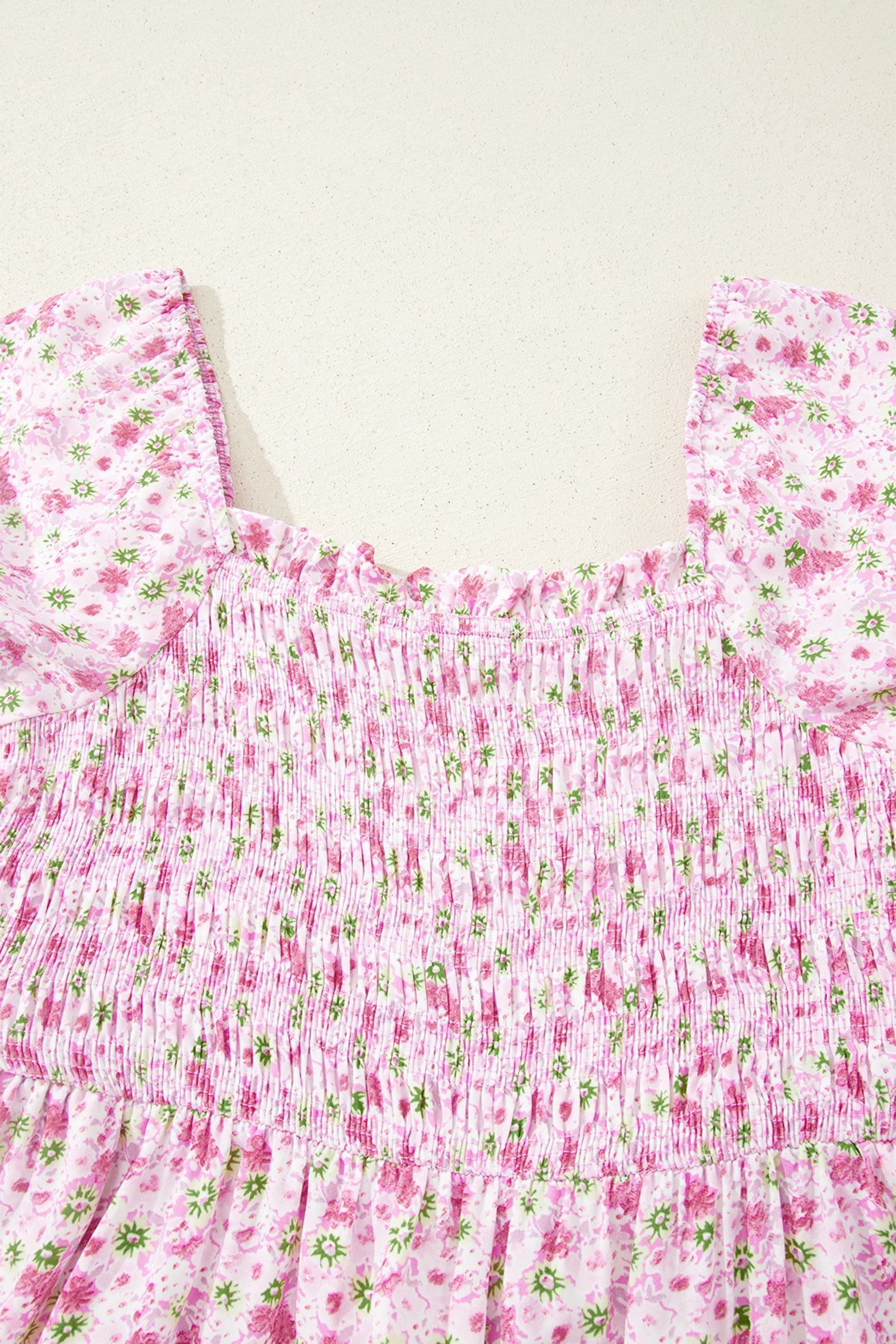Floral Short Bubble Sleeve Shirred High Waist Maxi Dress – Pink