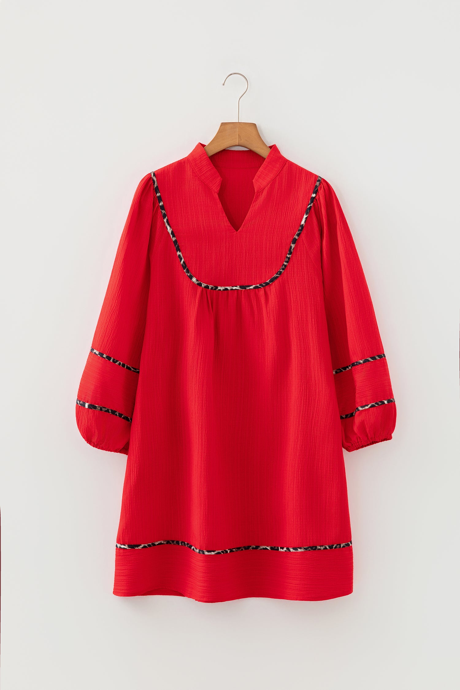 Red Textured V-Neck Leopard Contrasted Trim Long Sleeve Shift Mini Dress